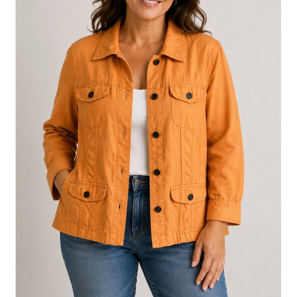 J.Jill Linen Jacket Medium Orange Utility Safari Button Front 4 Pocket Casual